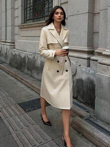 SHEIN Unity Women's Autumn Lapel NeckLong Sleeve Double-Breasted Long PU Leather Trench Coat - Apricot - View 7