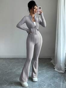 INAWLY Women's Tight-Fitting Zip-Up Cropped Top With Mandarin Collar And Flared Pants 2 Pieces Set - Light Grey - View 6