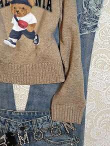 SHEIN EZwear Women's Crew Neck Long Sleeve Cute Bear & English Letter Print Sweater, Suitable For Autumn/Winter, Street Style, Chic, Y2K