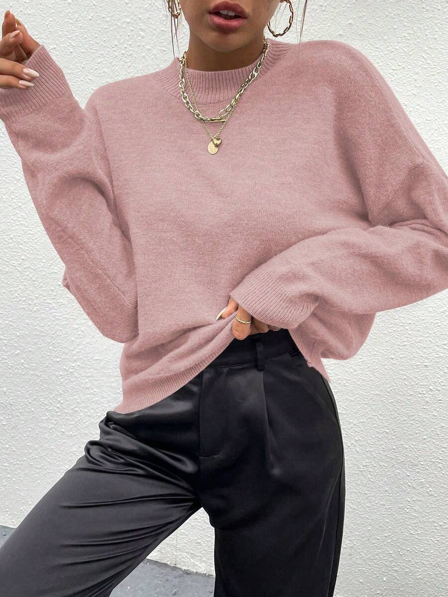 SHEIN LUNE Sweater Pullover Lengan Panjang Kasual Kerah Bulat Warna Polos - Berwarna merah muda - View 1
