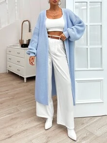 EURMUSE Plain Drop Shoulder Casual Long Cardigan, Perfect For Daily Outfits - Baby Blue - View 3