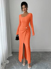 Elenzga 女士纯色时尚扭结长裙，不对称领口针织纹理紧身包臀裙，扭结开衩设计，优雅女士服装，秋季女装，冬季女士端庄服饰 - 亮橙色 - 查看 5