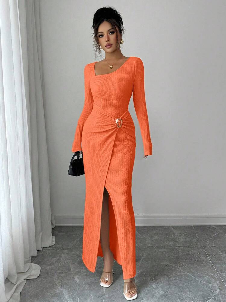 Elenzga 女士纯色时尚扭结长裙，不对称领口针织纹理紧身包臀裙，扭结开衩设计，优雅女士服装，秋季女装，冬季女士端庄服饰 - 亮橙色 - 查看 5