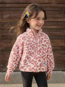 SHEIN Set de 3 sudaderas cortas con cuello alto y media cremallera, de estilo casual, con estampado de leopardo rosa y forro polar reversible, para niñas jóvenes, cálidas para otoño e invierno - Multicolor - Ver 8