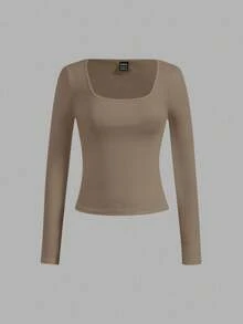 SHEIN Essnce 4件套女士休闲简约方领T恤，纯色，适合秋冬季，分层，户外，汗衫 - 彩色 - 查看 11