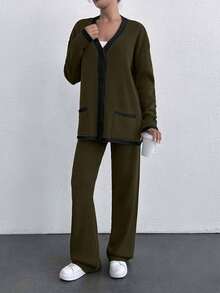 EURMUSE Women 2pcs Set Contrast Color Long Sleeve Button Cardigan And Long Knitted Pants, Casual,Petite,Winter Clothes - Army Green - View 5