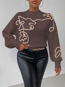 SHEIN LUNE Women's Contrast Color Pattern Turtleneck Long Sleeve Sweater - Coffee Brown - View 5