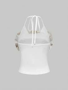 ROMWE Grunge Punk Y2K Retro Sexy Halter 2 In 1 Furry Cross Letter Print Bodycon Mini Skirt Set For Women - White - View 6