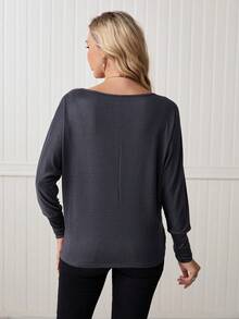 LanaWest 纯色不对称领休闲套头长袖T恤 - 灰色 - 查看 2