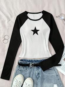 SHEIN Áo thun cổ tròn tay dài in họa tiết ngôi sao năm cánh cổ điển dành cho bé gái tuổi mới lớn - Đen và trắng - Xem 7