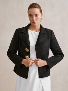 SHEIN LUNE 女士新款秋冬优雅派对外套，精致办公室高级时尚黑玫瑰金纽扣厚衬垫肩女士夹克 - 黑色 - 查看 4