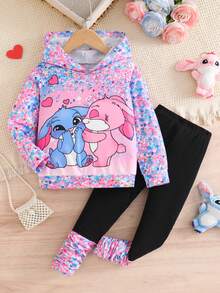 2件套年轻女孩卡通印花连帽衫和裤子套装 - 彩色 - 查看 4