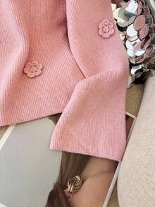 SHEIN Franclia French Handmade 3D Floral Knit Sweater - Pink - View 6