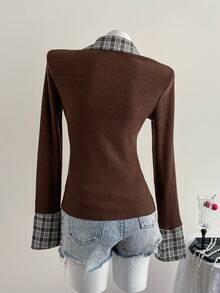 Sweetra Koszulka polo w kratę w stylu retro, 2 w 1, z długim rękawem i kontrastowym kolorem, dla kobiet, jesień - Wielokolorowe - Zobacz 3