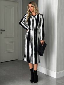 EURMUSE 单色优雅光学错觉紧身针织中长连衣裙 - 黑與白 - 查看 3