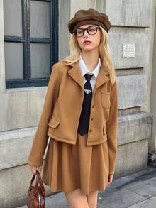 少女西装外套和裙子套装 - 棕色 - 查看 3