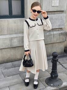 青少年女孩休闲通勤学院风撞色滚边翻盖口袋夹克和褶皱裙套装，春秋季 - 卡其色 - 查看 6