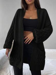 EURMUSE Dual Pocket Drop Shoulder Open Front Cardigan - Black - View 6