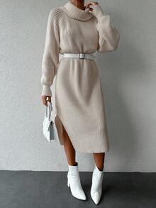 EURMUSE 高領插肩袖高衩毛衣洋裝不附腰帶 - 米色 - 查看 4