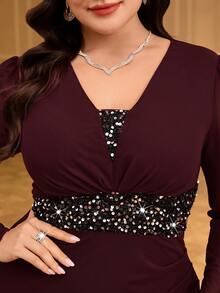 Modelyn Vestido plus size elegante com strass e cintura dividida, manga comprida, outono - Rosa Quente - Ver 5