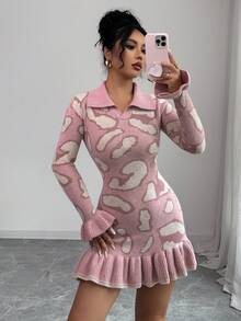Selianne Váy len ôm sát thiết kế bèo nhún họa tiết da báo thời trang thu đông dành cho nữ - Hồng - Xem 5