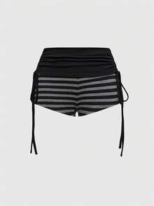 ROMWE J-Fashion Y2K Sexy Striped Bat Wing Ruffle Drawstring Off Shoulder Women's Suit - Black - View 5