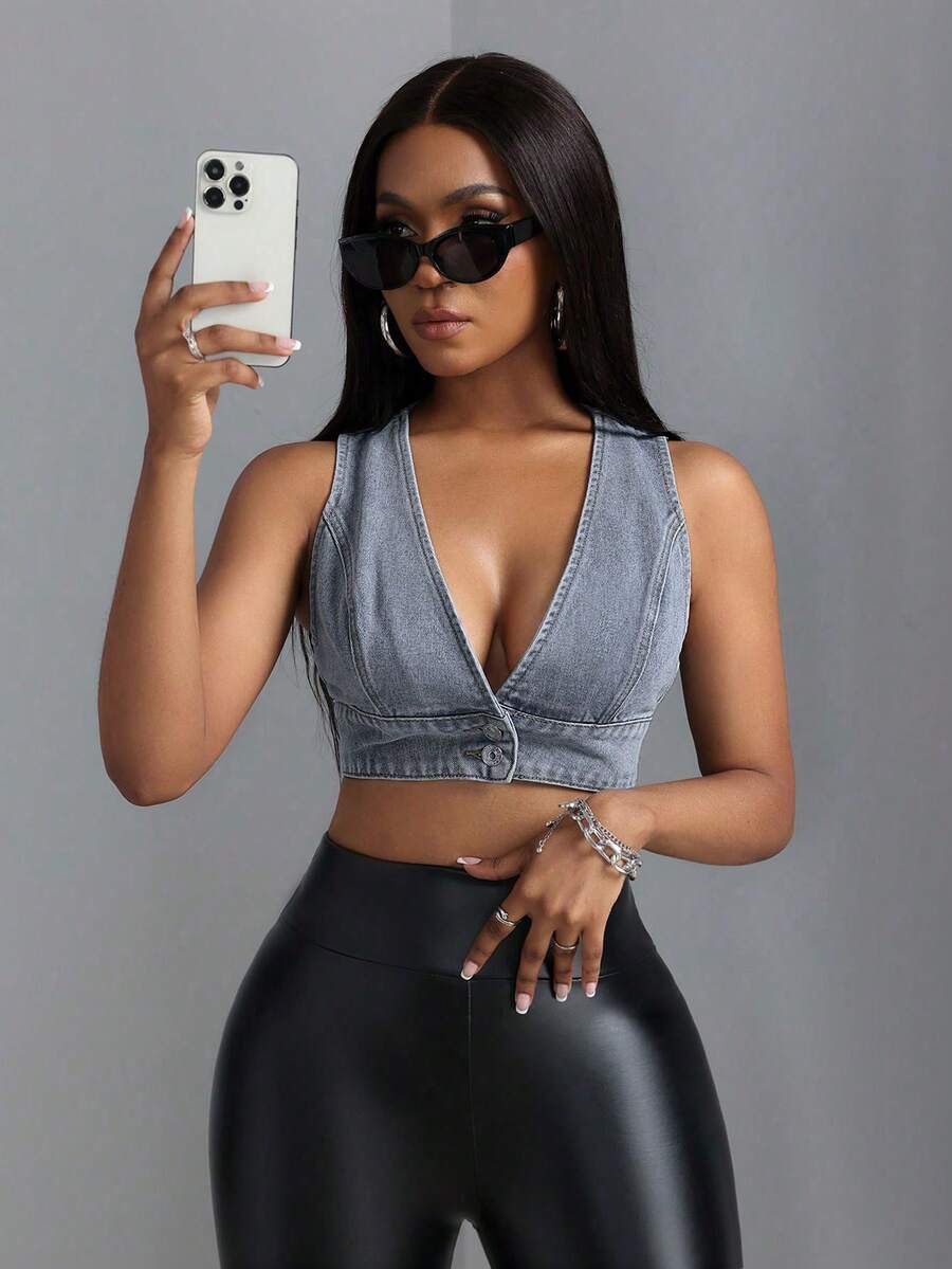 SHEIN SXY 女士牛仔超短無袖背心 - 藍色 - 查看 1