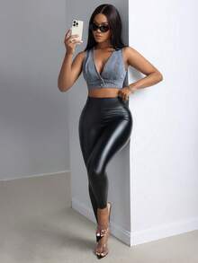 SHEIN SXY 女士牛仔超短無袖背心 - 藍色 - 查看 6