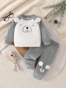 SHEIN Vintaside Kids 幼儿男童可爱熊图案长袖上衣和裤子套装，蓝白撞色，适合日常穿着，室内外，秋冬