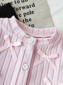 SHEIN Baby Girl Infant Toddler Newborn 0-3 Years Old Autumn/Winter Fashion Knitted Fuzzy Ribbed Bow Cardigan Jacket + Leggings Pants 2-Piece Outfit Set - Pink - View 3