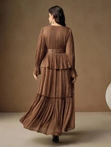 Anewsta 女式花卉装饰长款褶皱连衣裙，优雅礼服 - 咖啡棕 - 查看 2