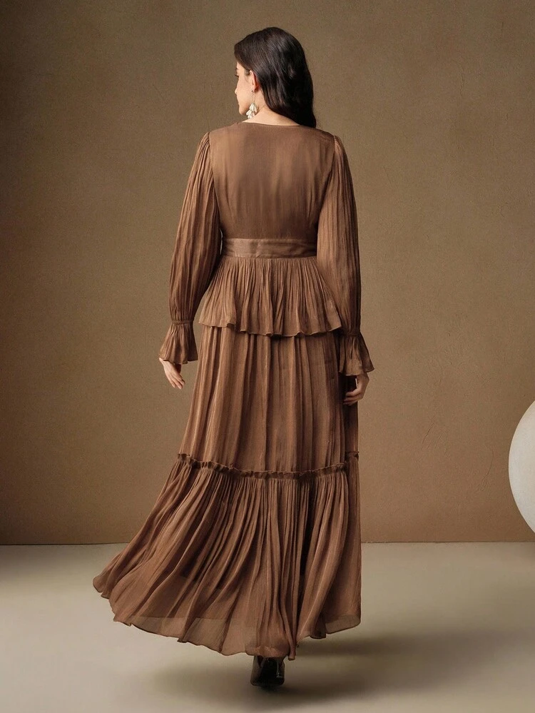 Women's Long Pleated Dress With Floral Decor, Elegant Formal Gown