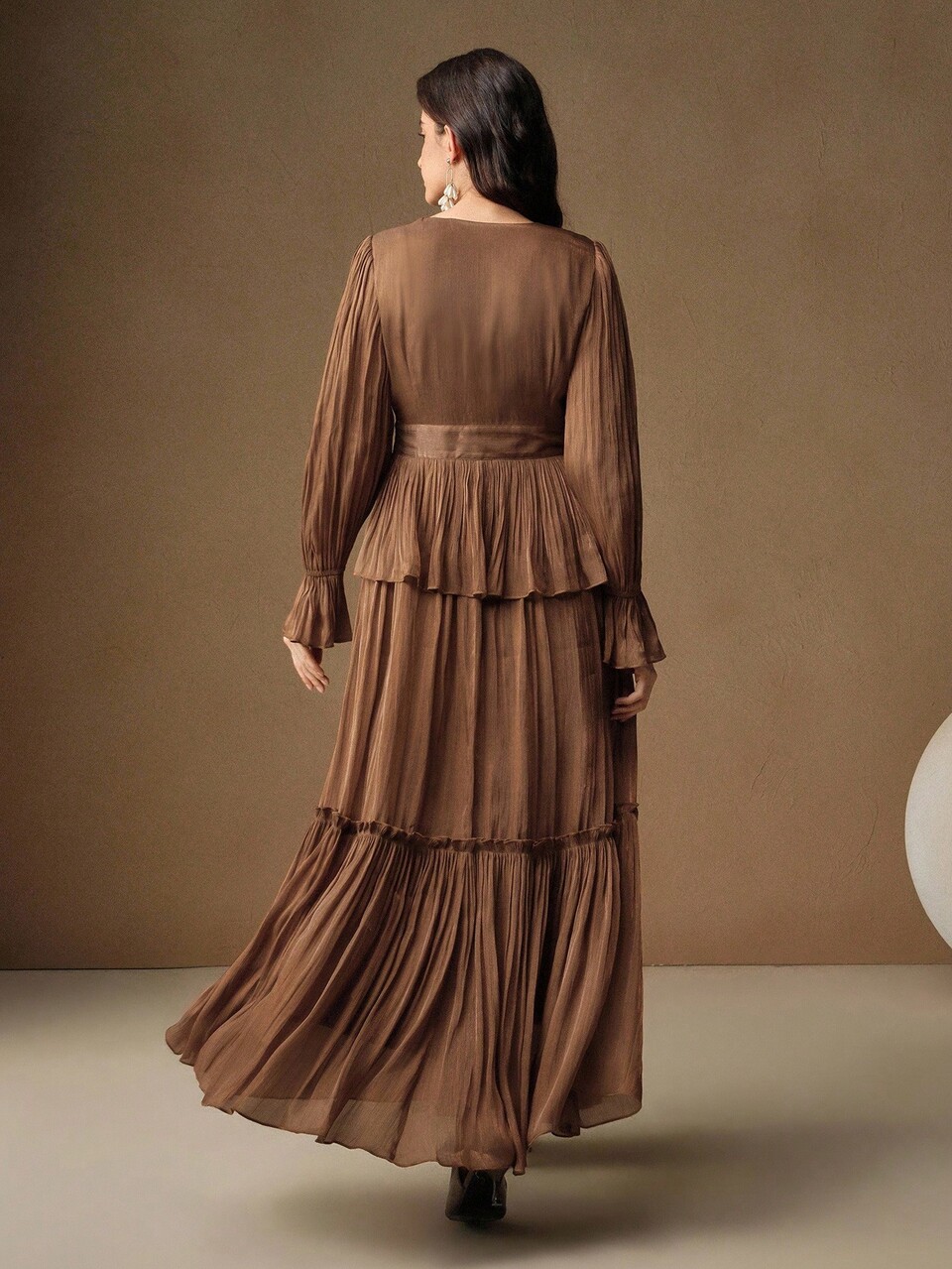 Women's Long Pleated Dress With Floral Decor, Elegant Formal Gown