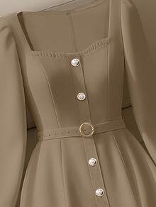 Franclia 女式优雅拼色长袖圆领系带 A 字长裙，米色，春/秋 - 卡其色 - 查看 3