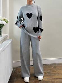 EURMUSE Damset med 2 delar, rundhalsad tröja med axelsöm och hjärtmönster samt matchande byxor, co-ord outfit - Grå - Visa 6