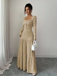 Elenzga 女式粉色纹理面料休闲度假风格长袖方领纽扣上衣和超长 A 字裙两件套，秋季 - 卡其色 - 查看 5