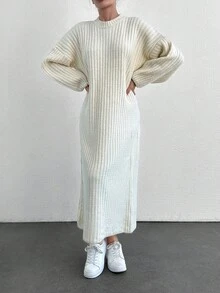 EURMUSE Robe pull ample à col rond et épaules dégagées unicolore pour femme, convient pour l'automne/hiver - Blanc - Voir 3