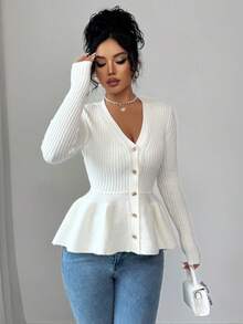 Elenzga Cardigan femme à col V, effet amincissant, patchwork floral, ourlet asymétrique, boutons - Blanc - Voir 3