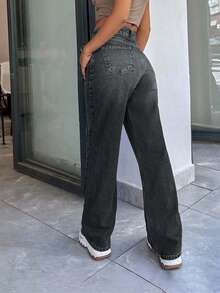 EURMUSE 100% Cotton HIGH RISE STRAIGHT CUT Y2K STYLE JEAN - Light Grey - View 2