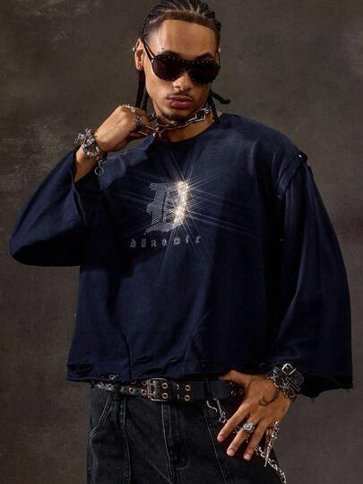 Street Life Camiseta de manga larga con estampado de diamantes desgastados para hombre, corte holgado y acortado