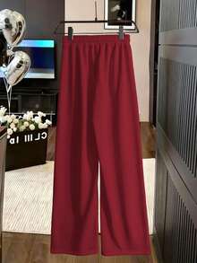 EMERY ROSE Women's Fashion Rhinestone Embellished High Waist Drawstring Loose Fit Straight Leg Sweatpants - Red - View 2