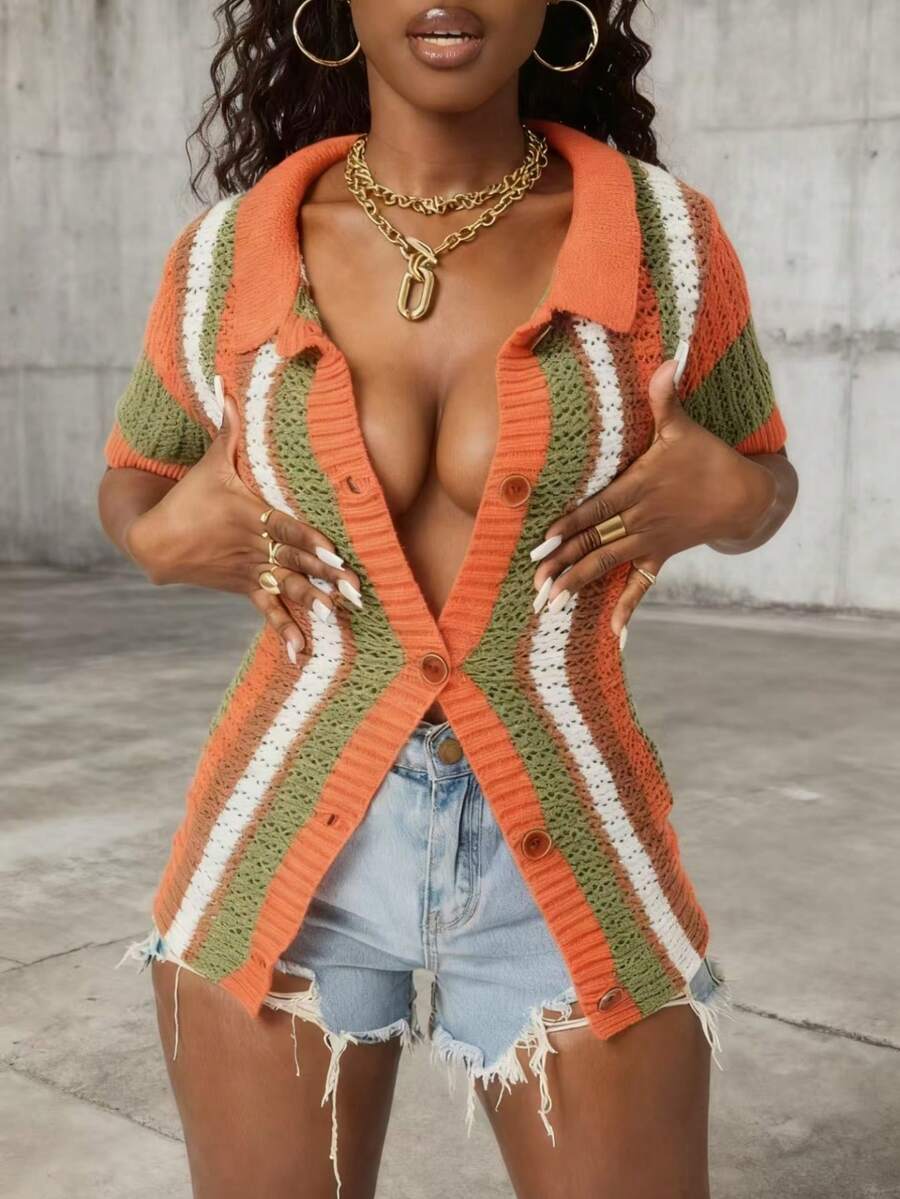 Rovax Women's Striped Short Sleeve Single-Breasted Casual Knit Cardigan - Orange - View 1