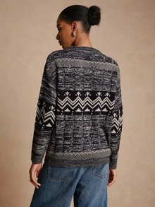 Lyxana Autumn/Winter New Women's Vintage Fashion Jacquard Contrast Color Casual Loose Crew Neck Long Sleeve Sweater - Multicolor - View 2