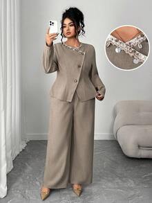 Elenzga 2pcs Plus Size Women Elegant Shell Ribbon Decor Round Neck Button Long Sleeve Jacket And Straight Leg Casual Pants Set - Khaki - View 1
