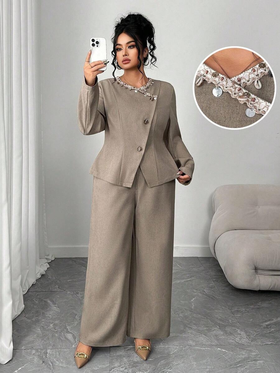 Elenzga 2pcs Plus Size Women Elegant Shell Ribbon Decor Round Neck Button Long Sleeve Jacket And Straight Leg Casual Pants Set - Khaki - View 1
