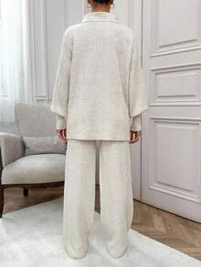 EURMUSE Rib Pattern Polo Neck Sweater And Pant 2pcs Set - Apricot - View 2