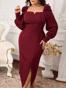 Modelyn Đầm ôm dáng thanh lịch màu trơn dành cho nữ cỡ lớn, tay phồng xếp ly, xẻ tà, thích hợp cho mùa xuân/thu. - Màu Đỏ Sâu - Xem 3