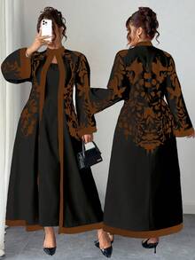 SHEIN Clasi 大码女式连体优雅度假风印花立领喇叭袖修身连衣裙 - 彩色 - 查看 6