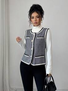 SHEIN Clasi Women's Round Neck Open Front Sleeveless Herringbone Tape Trim Jacket, Suitable For Office, Shopping, Commuting And Other Occasions, Carnival Night - Grey - View 5