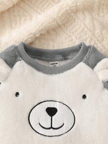 SHEIN Vintaside Kids 幼儿男童可爱熊图案长袖上衣和裤子套装，蓝白撞色，适合日常穿着，室内外，秋冬